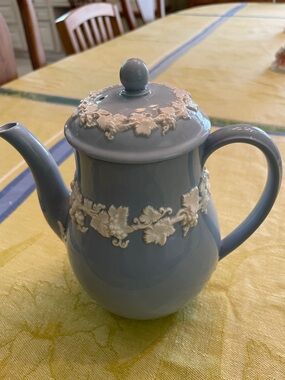 Wedgwood Pale Blue Ceramic Coffee Pot with White Relief Grape Trim Jasperware
